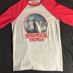 Stranger Things Gray Long Sleeved Baseball Shirt With Red Collar and Sleeves